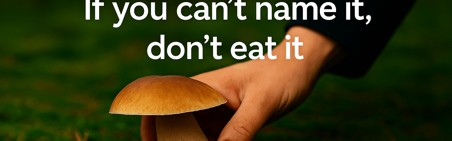 A forest-themed meme with the quote “If you can’t name it, don’t eat it,” reminding foragers to identify mushrooms carefully before eating.