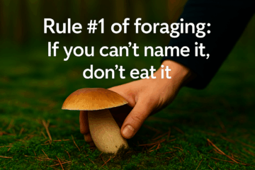 A forest-themed meme with the quote “If you can’t name it, don’t eat it,” reminding foragers to identify mushrooms carefully before eating.