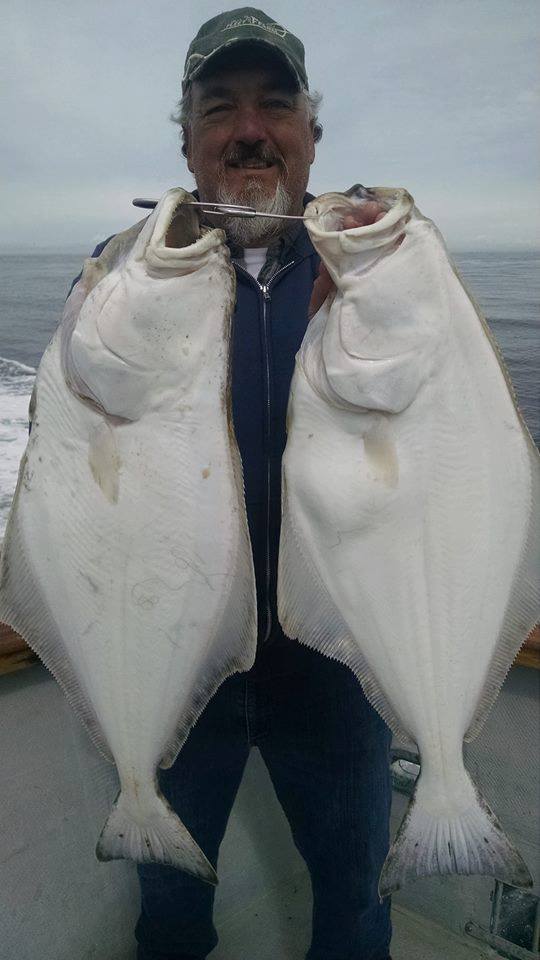 Richard from The Hunter Gatherer Society holding two large Alaskan halibut, showcasing the kind of fresh catch used in homemade pickled fish recipes.