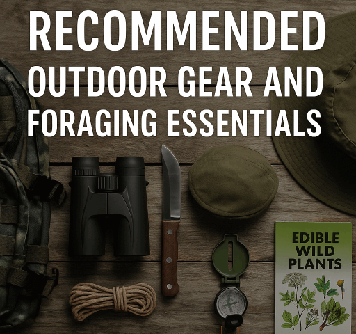 Flat lay of outdoor gear including a backpack, knife, compass, rope, binoculars, hat, and foraging guidebook on a wooden surface with text that reads “Recommended Outdoor Gear and Foraging Essentials”