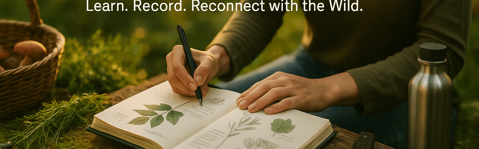 Person writing in a foraging journal on a mossy forest floor with sunlight filtering through trees, surrounded by wild plants, mushrooms, and a woven basket.