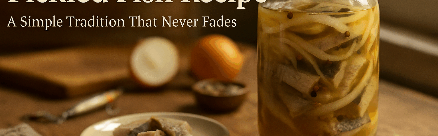 Homemade pickled fish in a clear glass jar layered with onions and spices in vinegar brine, simple and traditional recipe.