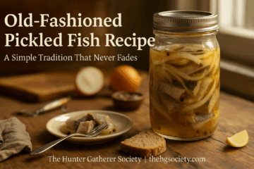 Homemade pickled fish in a clear glass jar layered with onions and spices in vinegar brine, simple and traditional recipe.