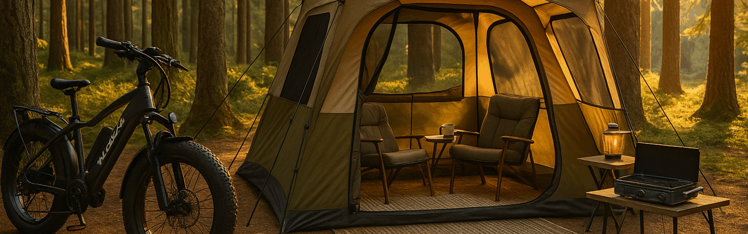 Forest campsite with Wallke H9 eBike, Gazelle Tent, Jackery Power Station, and Hike Crew Stove.