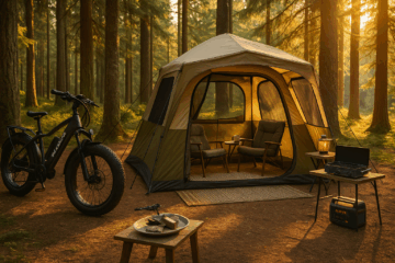 Forest campsite with Wallke H9 eBike, Gazelle Tent, Jackery Power Station, and Hike Crew Stove.