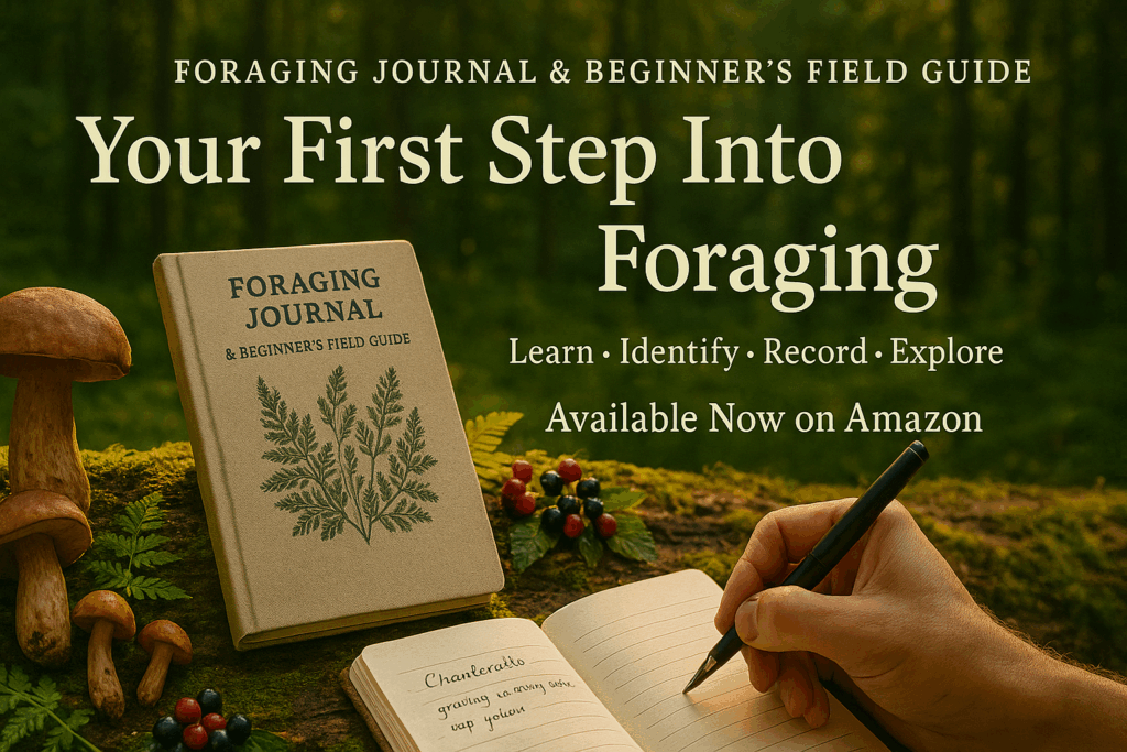 A photo-realistic image of the Foraging Journal & Beginner’s Field Guide open on a rustic wooden table, surrounded by freshly gathered wild mushrooms, berries, and leaves. A hand is writing notes on the page beside botanical sketches, with soft sunlight filtering through nearby greenery. The scene captures a peaceful moment of learning and discovery in nature, showcasing the journal being used in the field.