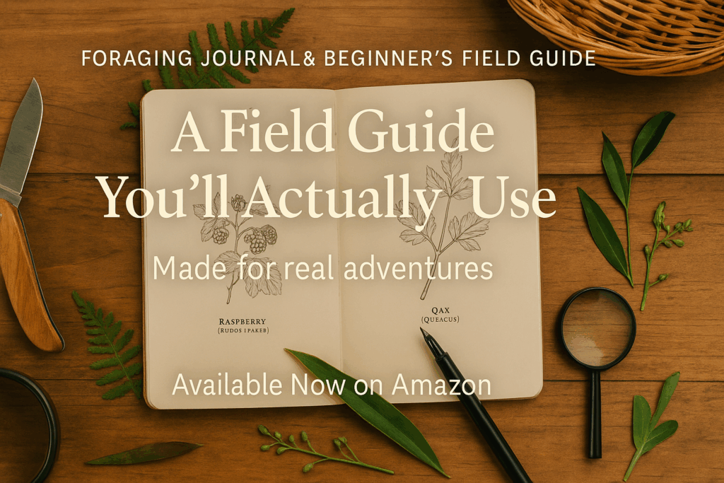 Open foraging journal and field guide on a wooden desk surrounded by foraging tools and plants. Text says A Field Guide You'll Actually Use. Made For Real Adventures