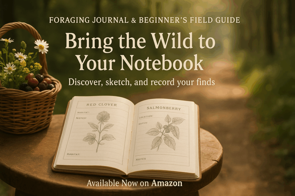 A Foraging Journal and Beginner’s Field Guide open on a rustic wooden table beside a woven basket filled with wild plants and mushrooms, surrounded by soft forest light, representing hands-on learning for beginner foragers.