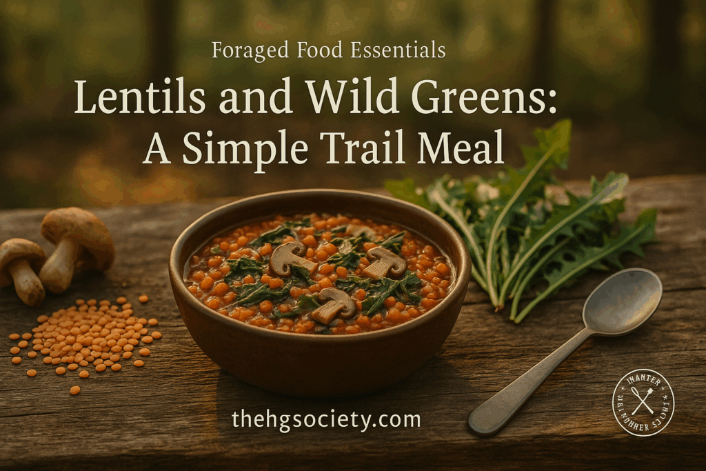 A rustic bowl of red lentil stew with wild foraged greens and mushrooms on a wooden table in a forest setting