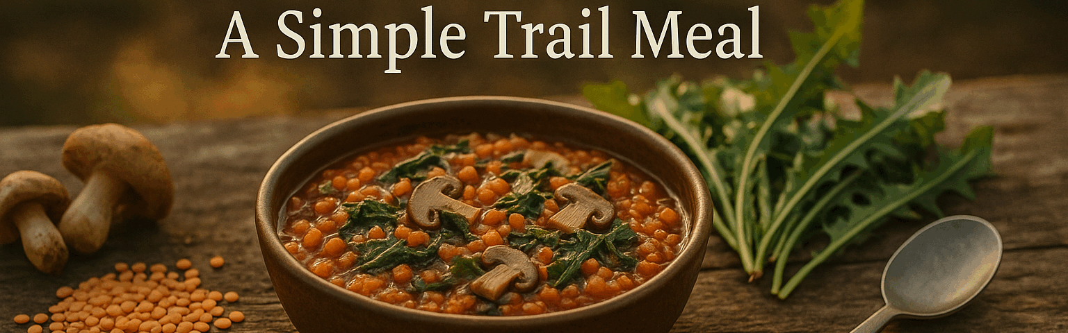 A rustic bowl of red lentil stew with wild foraged greens and mushrooms on a wooden table in a forest setting