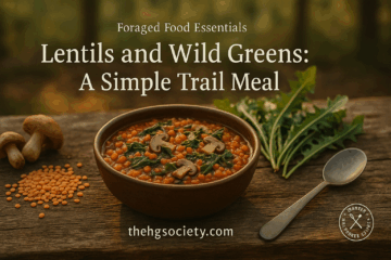 A rustic bowl of red lentil stew with wild foraged greens and mushrooms on a wooden table in a forest setting