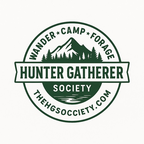 The Hunter Gatherer Society logo featuring a mountain and forest design with the words Wander Camp Forage official branding for thehgsociety.com contact page
