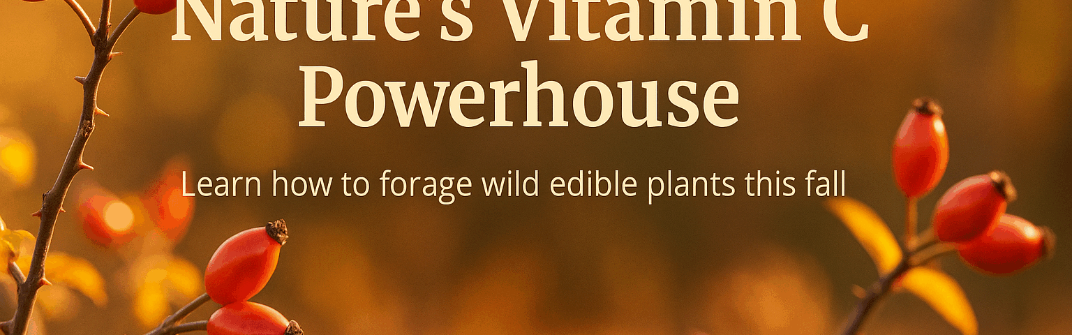 Bright red rosehips growing on wild rose bushes in autumn sunlight, surrounded by soft green and yellow leaves, a vibrant example of wild edible plants to forage for tea, jam, and syrup.