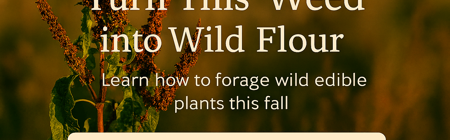 Curly dock plant with tall brown seed stalks and wavy green leaves growing in autumn sunlight, a wild edible plant often foraged and used to make wild flour.