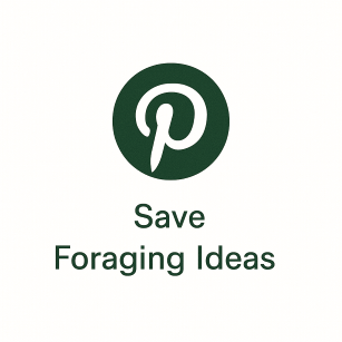 Forest green circular Pinterest icon with text ‘Save Foraging Ideas’ below, designed in The Hunter Gatherer Society’s natural outdoor branding.