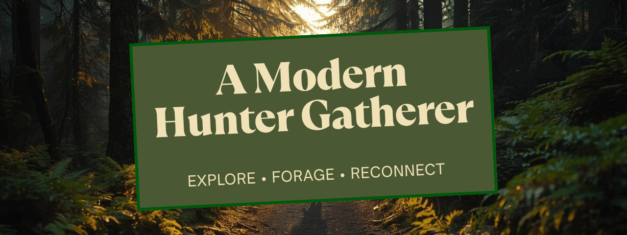 scenic forest background. Centered text A modern Hunter Gatherer then below that it reads Explore, Forage, Reconnect