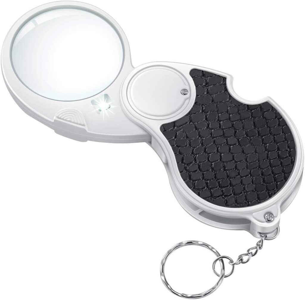 Compact magnifier used for close-up examination of mushroom gills, plant textures, and identification details during foraging adventures.