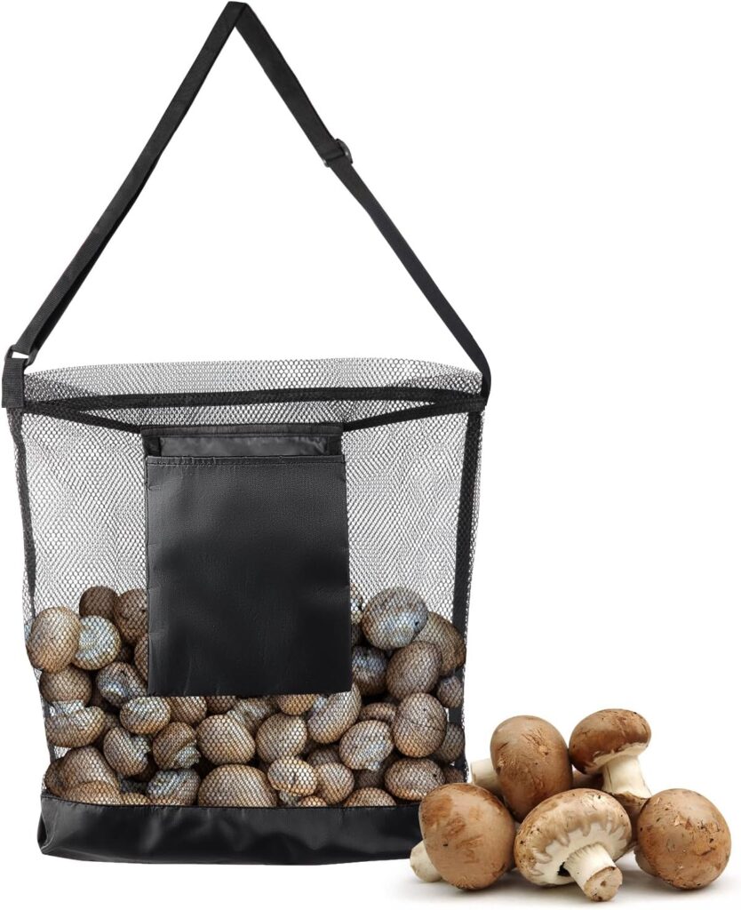 Small breathable mesh foraging bag designed for collecting wild mushrooms and spreading spores on the trail, shown folded beside natural forest elements.