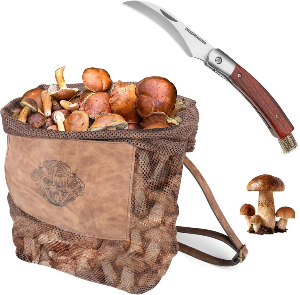 Complete mushroom foraging kit with curved knife, natural bristle brush, and breathable mesh harvesting bag designed for collecting wild mushrooms.