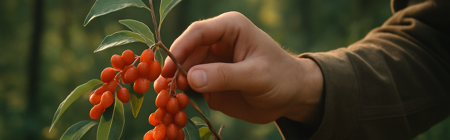 Close up of a person harvesting invasive autumn olive berries at a woodland edge during soft natural light. Represents eating invasive species and sustainable foraging.