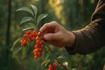 Close up of a person harvesting invasive autumn olive berries at a woodland edge during soft natural light. Represents eating invasive species and sustainable foraging.