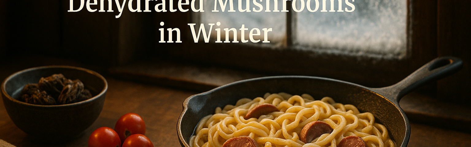 Cooking with dehydrated mushrooms in winter using morels, buttered noodles, sausage, and cherry tomatoes