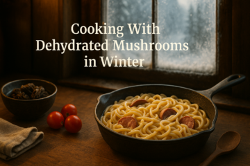 Cooking with dehydrated mushrooms in winter using morels, buttered noodles, sausage, and cherry tomatoes