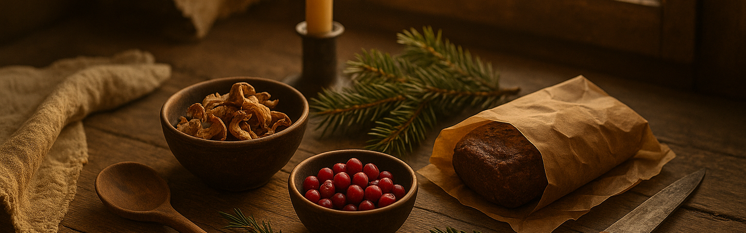 A rustic winter kitchen table with dried mushrooms, evergreen needles, wild berries, and old world cooking tools arranged in warm golden morning light for a historical Christmas wild food theme.