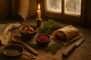A rustic winter kitchen table with dried mushrooms, evergreen needles, wild berries, and old world cooking tools arranged in warm golden morning light for a historical Christmas wild food theme.