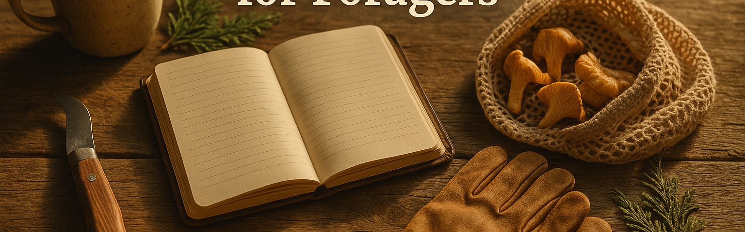 Rustic winter tabletop with foraging gifts including a mushroom knife, mesh bag, journal, gloves, and evergreen sprigs arranged warmly for a holiday gift guide.