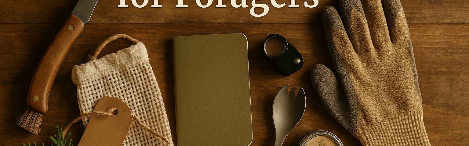 Rustic winter tabletop with mushroom knife, mesh foraging bag, gloves, notebook, magnifier, beeswax salve, and cedar sprigs arranged as stocking stuffers for foragers and mushroom hunters.
