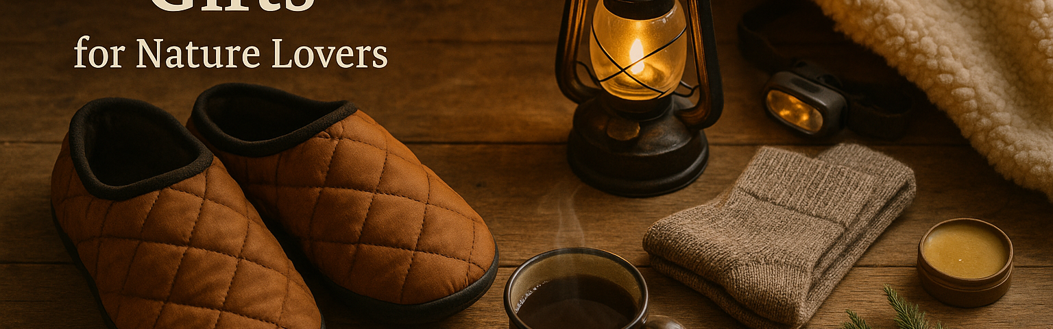 Cozy winter camping scene with warm lantern light, insulated slippers, wool socks, blanket, and a steaming mug arranged on a rustic table for a holiday camping gift guide.