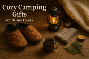 Cozy winter camping scene with warm lantern light, insulated slippers, wool socks, blanket, and a steaming mug arranged on a rustic table for a holiday camping gift guide.