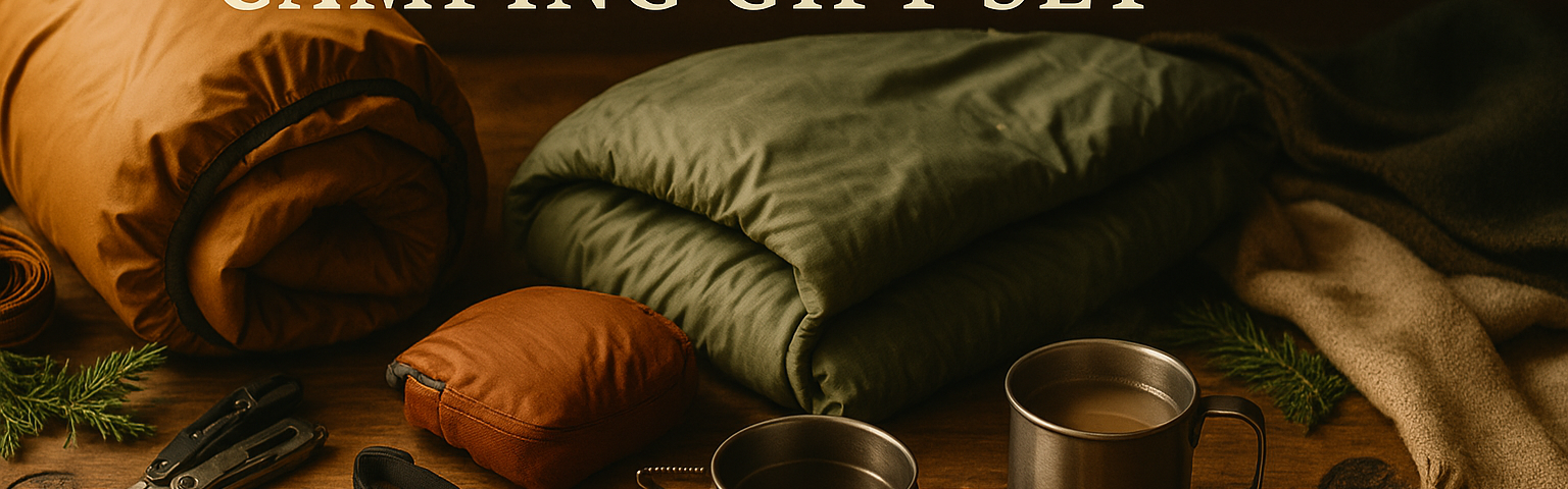 Rustic winter camping gift set displayed on a wooden table with a tent, sleeping bag, camp stove, warm mug, headlamp, blanket, and outdoor essentials arranged for a holiday gift guide.