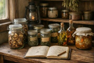 Forager’s pantry with jars of preserved wild foods and a field journal in a home kitchen