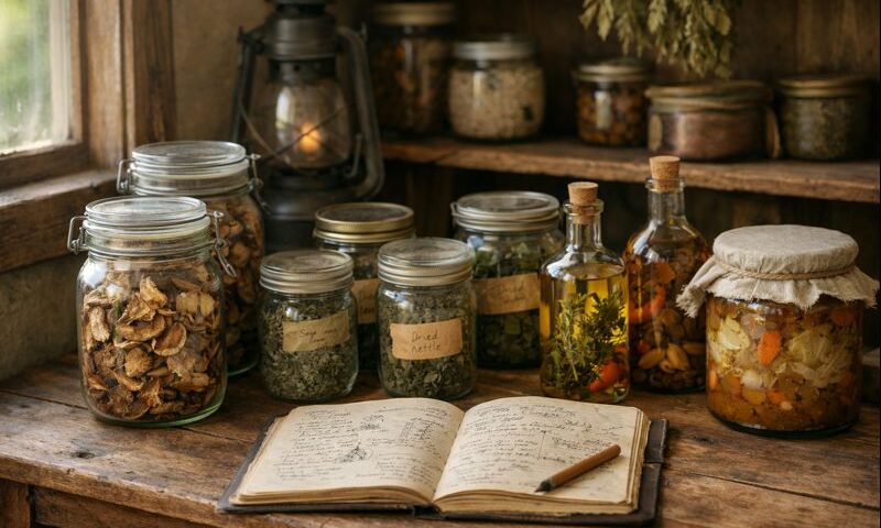 Forager’s pantry with jars of preserved wild foods and a field journal in a home kitchen