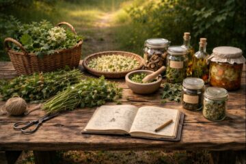 Wildcrafting cycle showing harvested plants, preserved foods, and a field journal outdoors