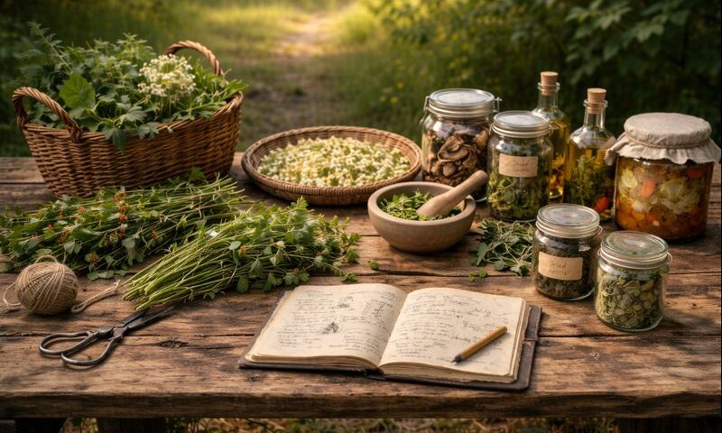 Wildcrafting cycle showing harvested plants, preserved foods, and a field journal outdoors