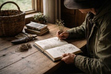Forager at home reviewing foraging gear and studying a field journal in preparation for the new season
