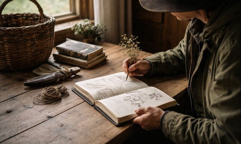 Forager at home reviewing foraging gear and studying a field journal in preparation for the new season