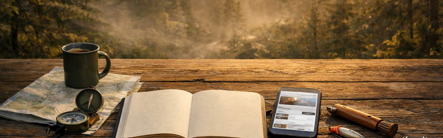 Hunter Gatherer News outdoor news for foragers and anglers featuring field notebook, fishing gear, and mushroom knife on rustic camp table.