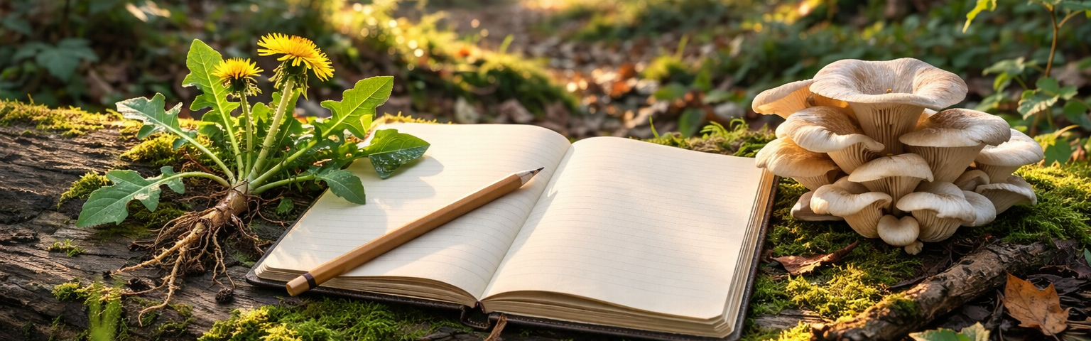 Beginner foraging plan with field notebook, dandelion, and oyster mushrooms in natural forest setting