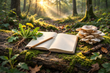 Beginner foraging plan with field notebook, dandelion, and oyster mushrooms in natural forest setting