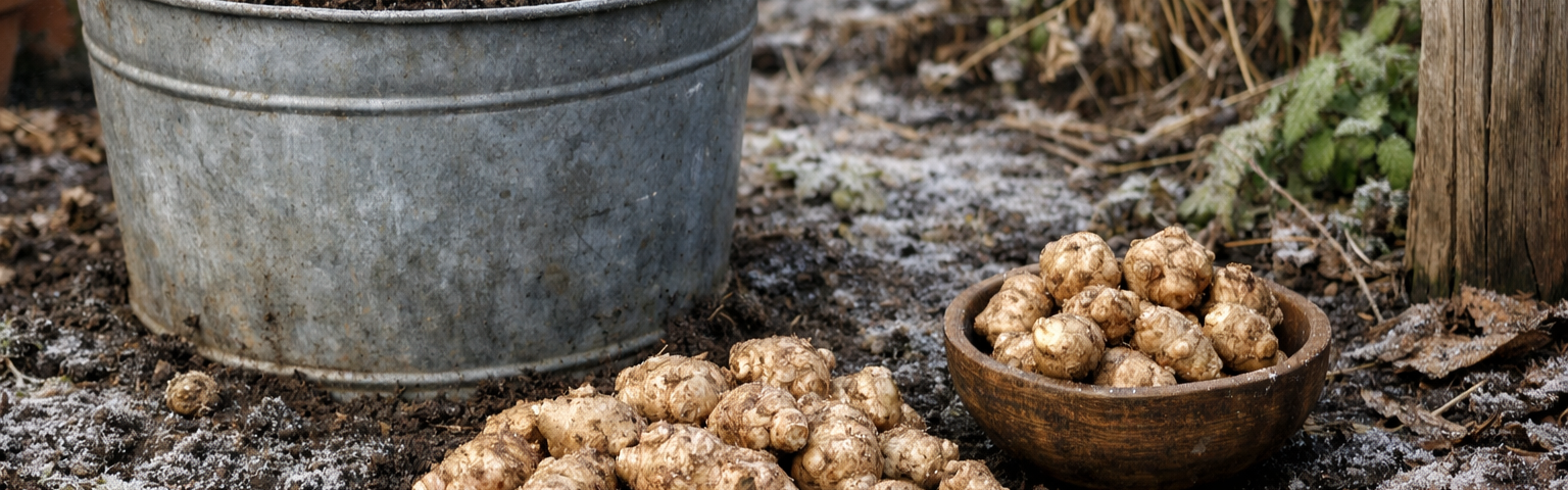 Jerusalem artichoke winter harvest from a container garden in January