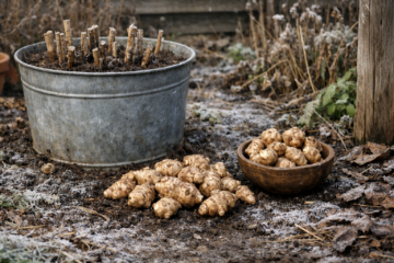Jerusalem artichoke winter harvest from a container garden in January