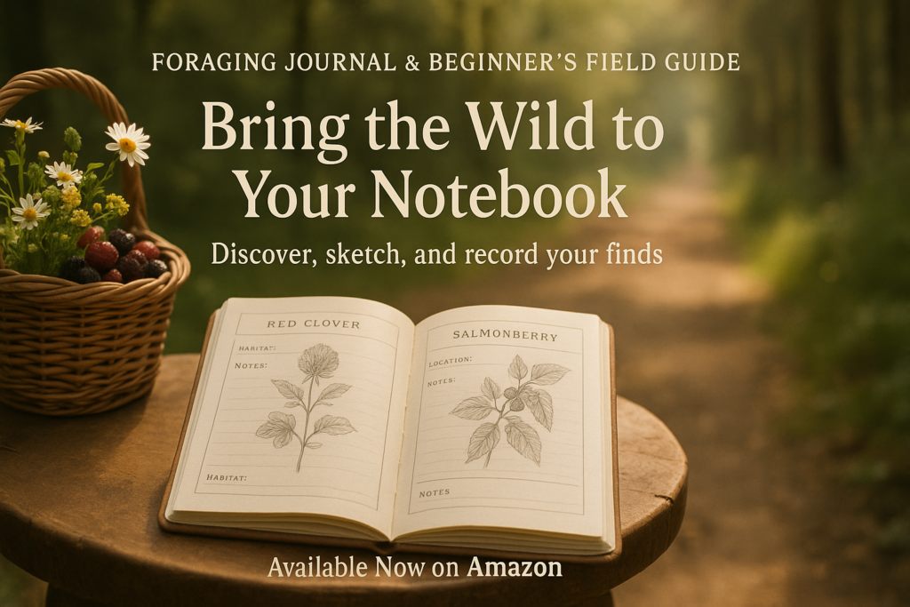 Foraging Journal and Beginner Field Guide open on table in forest setting, available on Amazon