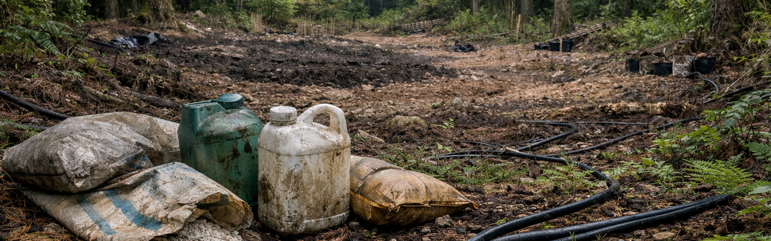 Illegal grow site contamination on public land showing abandoned pesticide containers and irrigation tubing in a forest ecosystem