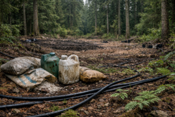 Illegal grow site contamination on public land showing abandoned pesticide containers and irrigation tubing in a forest ecosystem