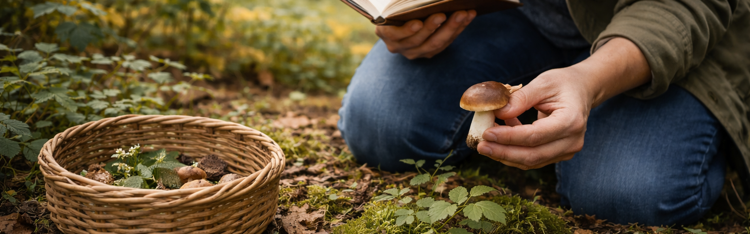 Beginner carefully identifying wild plant in forest to avoid common foraging mistakes