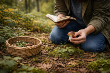 Beginner carefully identifying wild plant in forest to avoid common foraging mistakes